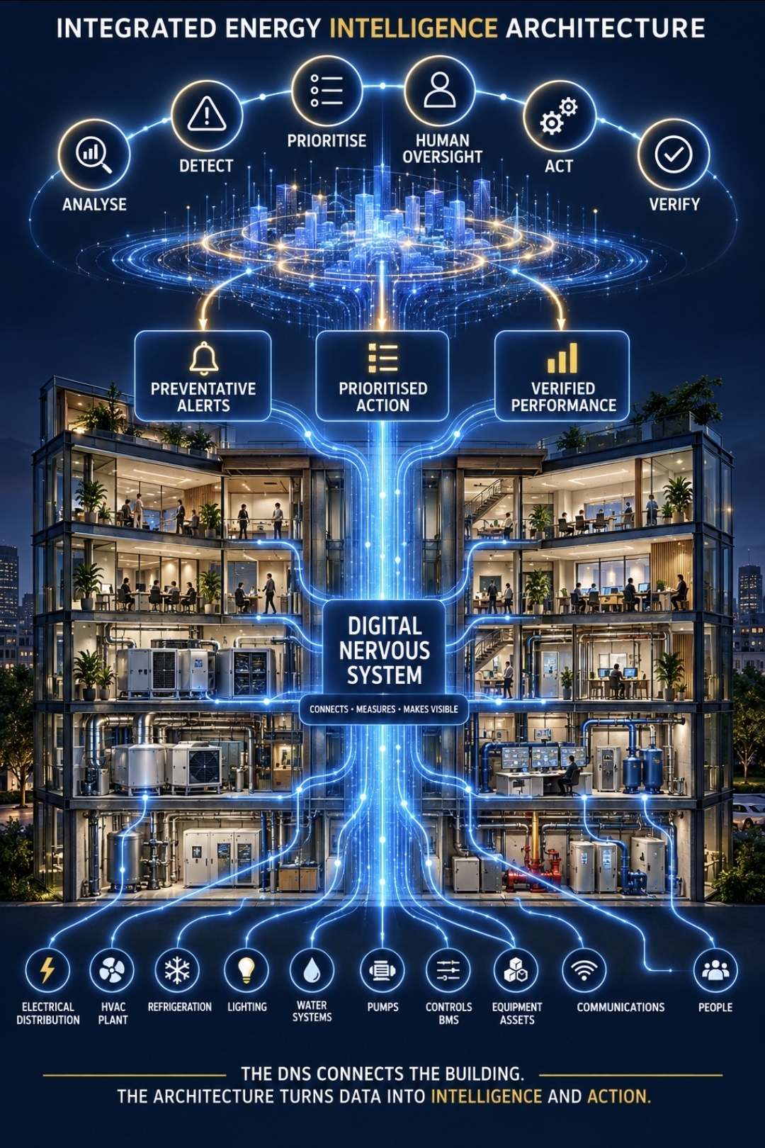 Integrated Energy Intelligence Architecture — the Digital Nervous System connects the building's electrical distribution, HVAC, refrigeration, lighting, water, pumps, controls, equipment assets, communications and people; the architecture analyses, detects, prioritises, applies human oversight, acts and verifies — turning data into intelligence and action.